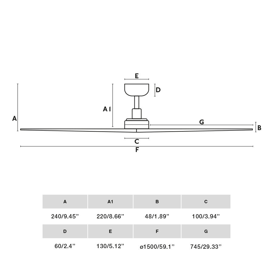 Diagrama de medidas y dimensiones del Ventilador de Techo KLIM L Blanco/Roble TUYA Smart | FARO 34279WT - Especificaciones de ventilación con madera roble y acero blanco para hogar inteligente con control remoto