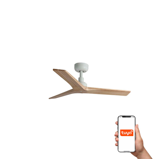 Ventilador de techo KLIM S blanco y pino TUYA, modelo 34281WT de Faro con motor DC, madera FSC para ventilación en smart home