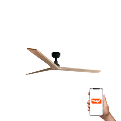 Ventilador de techo KLIM L negro mate y pino roble claro, modelo FARO 34282WT de la colección 3429, con motor DC y compatibilidad smart home TUYA para ventilación en hogar moderno.