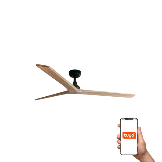 Ventilador de techo KLIM L negro mate y pino roble claro, modelo FARO 34282WT de la colección 3429, con motor DC y compatibilidad smart home TUYA para ventilación en hogar moderno.