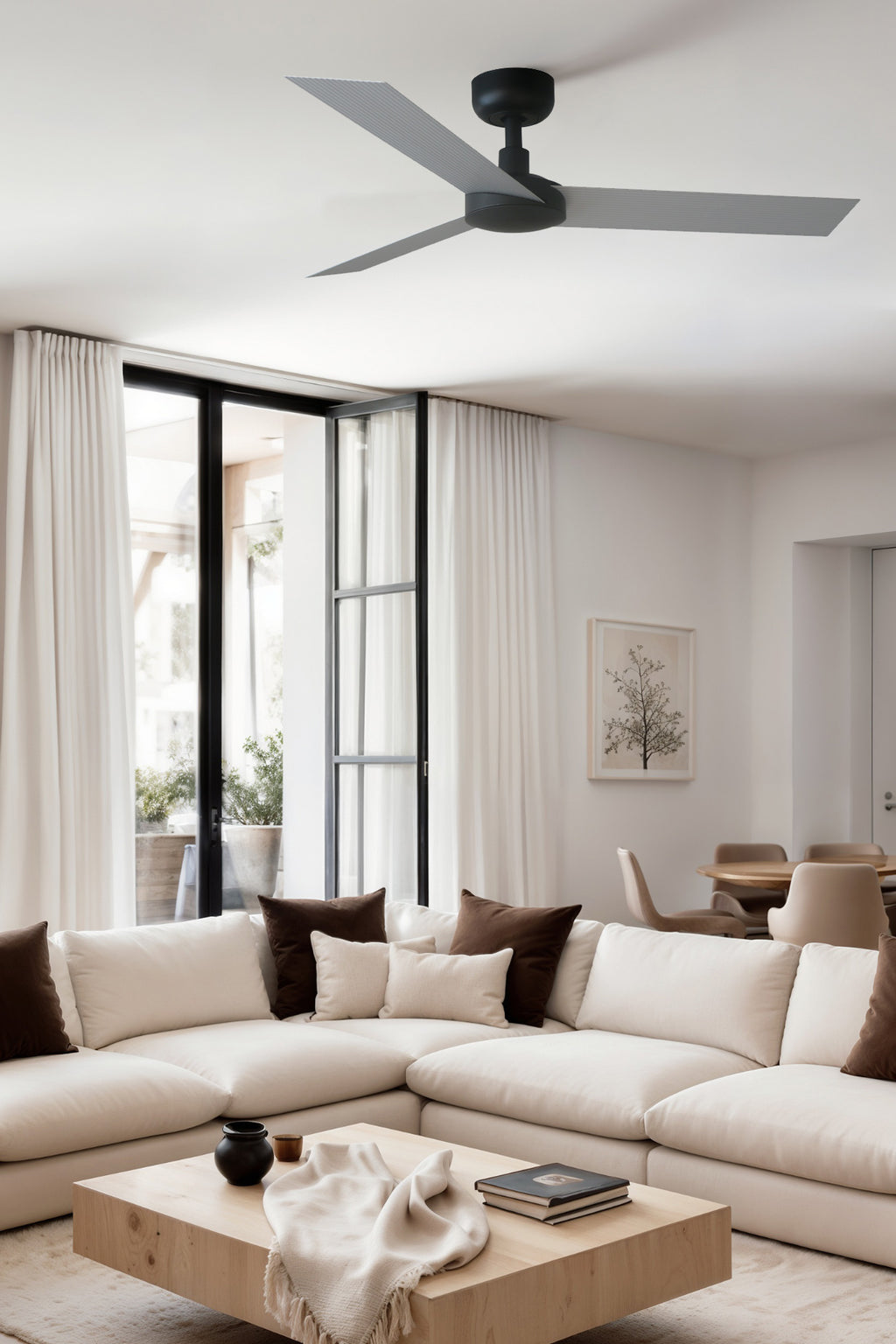 Ventilador de techo CRUISER S negro/aluminio TUYA con FARO 34285WT, motor DC eficiente, mando a distancia smart para hogar inteligente y ventilación óptima.