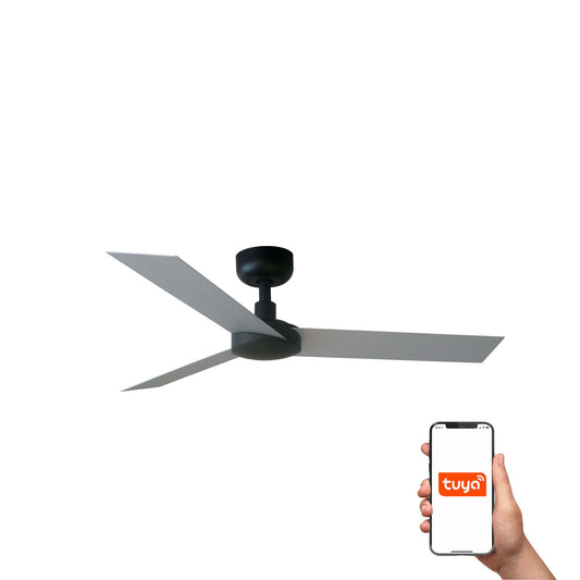 Ventilador de techo CRUISER S negro y aluminio TUYA inteligente, modelo FARO 34285WT con motor DC, mando a distancia y ventilación eficiente para hogar smart.