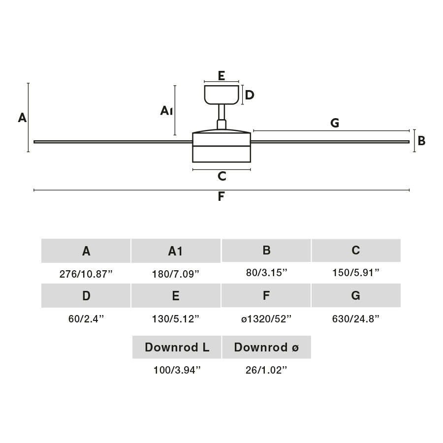 Diagrama de medidas Ventilador Techo LED CRUISER L Negro/Aluminio FARO 34286WW-1TW, ventilación con luz, motor DC, mando distancia para hogar en verano