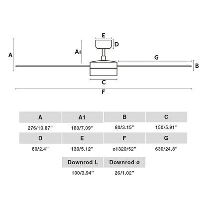 Diagrama de medidas Ventilador Techo LED CRUISER L Negro/Aluminio FARO 34286WW-1TW, ventilación con luz, motor DC, mando distancia para hogar en verano