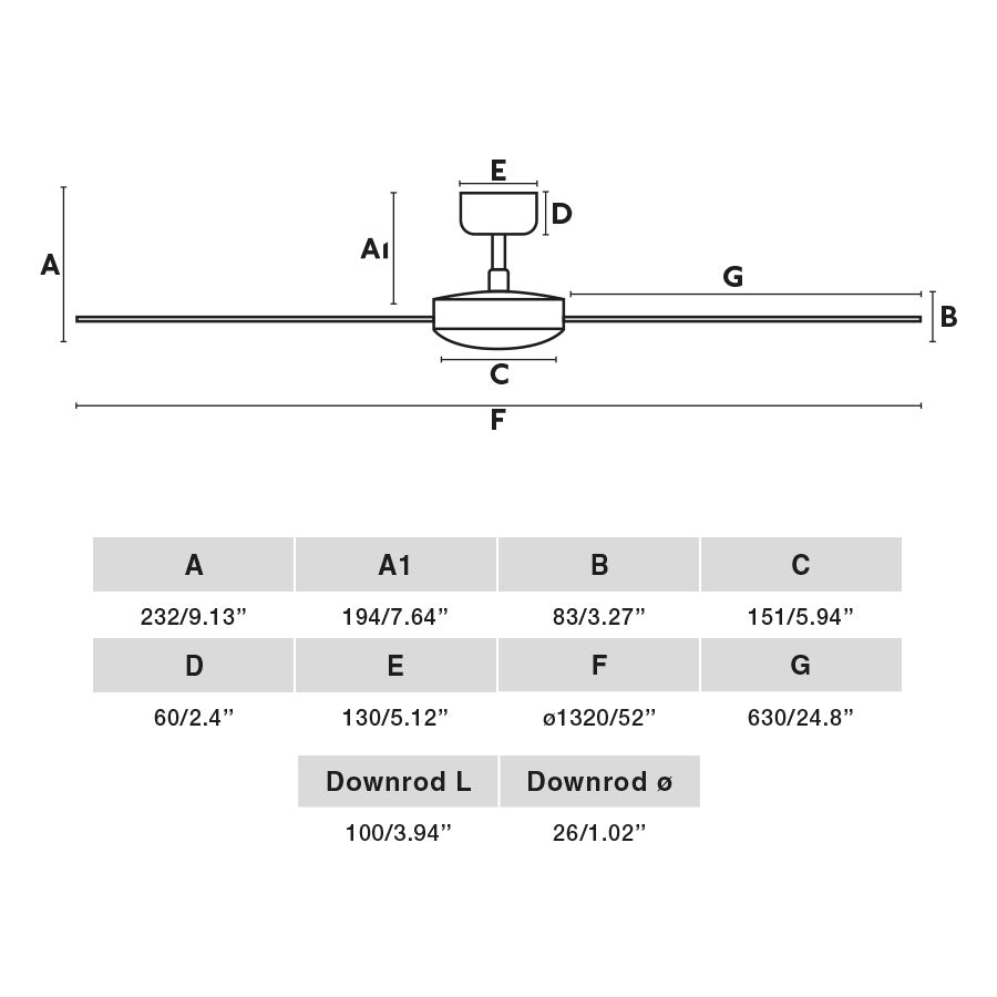 Diagrama de medidas del ventilador de techo CRUISER L Negro/Aluminio WIZ FARO 34286WW, motor DC eficiente, mando a distancia, sin luz integrada, ideal para techos inclinados y ventilación en el hogar