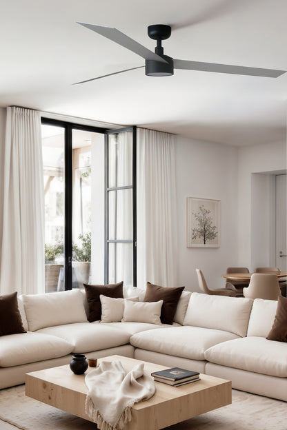 Ventilador de techo LED CRUISER XL Negro/Aluminio FARO 34287WW-1TW en imagen ambiente moderna, con ventilación eficiente motor DC 6 velocidades, mando a distancia, iluminación LED regulable y apto para techos inclinados.