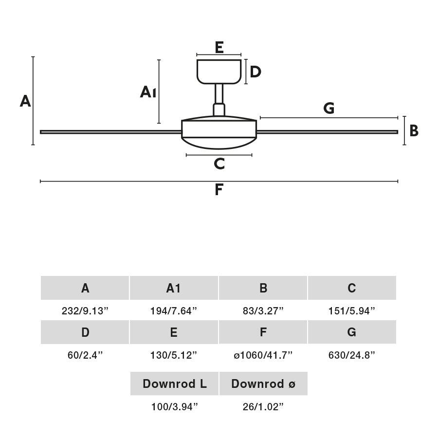Diagrama de medidas del ventilador de techo CRUISER S blanco TUYA FARO 34288WT, dimensiones de diámetro 132 cm, altura ajustable, motor DC, ventilación smart para hogar moderno con mando a distancia