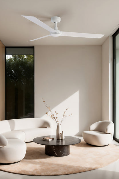 Ventilador de techo CRUISER L blanco TUYA FARO modelo 34290WT en ambiente hogareño, sin luz, motor DC inverter, 6 velocidades, ventilación smart para hogar inteligente