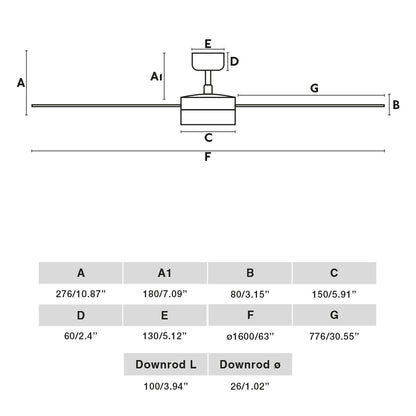 Diagrama de medidas y dimensiones del Ventilador de Techo LED CRUISER XL Blanco WIZ FARO 34292WW-1TW, con luz LED integrada, motor DC eficiente, mando a distancia y función inversa para ventilación en el hogar