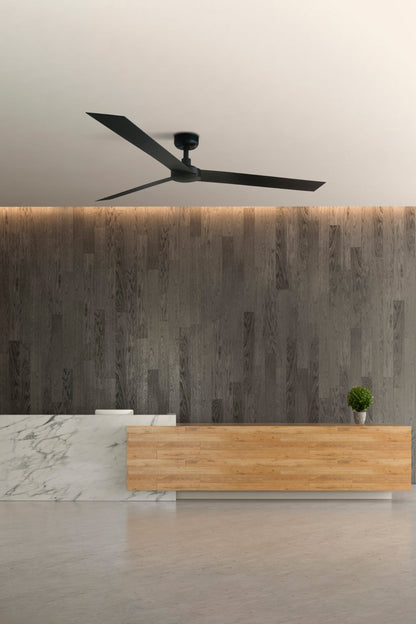 Ventilador de techo CRUISER XL negro de FARO modelo 34293 en ambiente moderno, con motor DC silencioso, mando a distancia, 6 velocidades y diseño para techos inclinados, ventilación eficiente sin luz integrada.