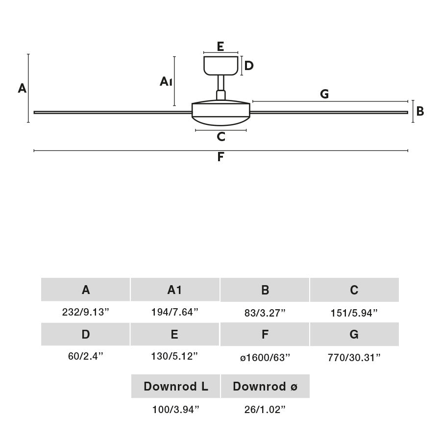 Diagrama de medidas del Ventilador de Techo Cruiser XL Negro Mate WIZ FARO 34293WW: dimensiones en acero y aluminio, ventilación sin luz, motor DC con mando a distancia y función inversa para hogar y oficina