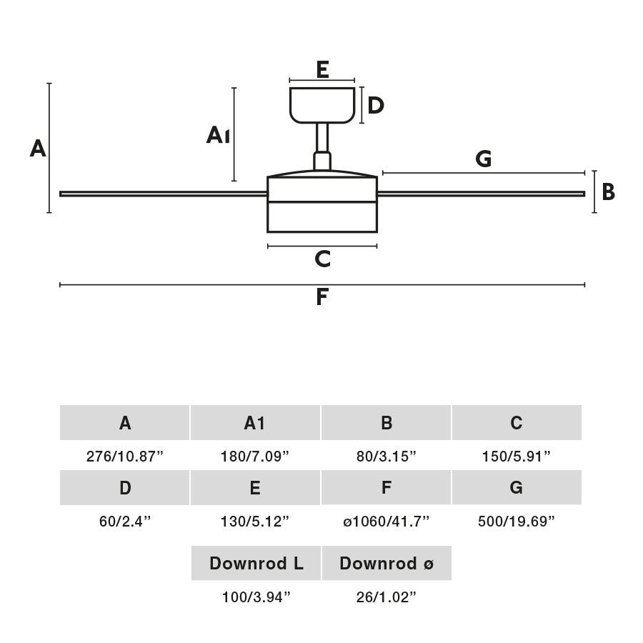 Diagrama de medidas del Ventilador de Techo LED RUDDER S Blanco/Fresno TUYA FARO 34295WT-1TW, dimensiones para instalación en hogar moderno