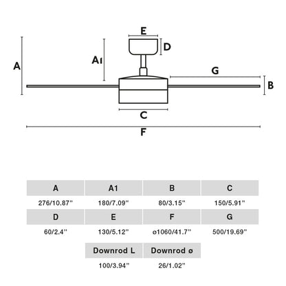 Diagrama de medidas del Ventilador de Techo LED RUDDER S Blanco/Fresno TUYA FARO 34295WT-1TW, dimensiones para instalación en hogar moderno