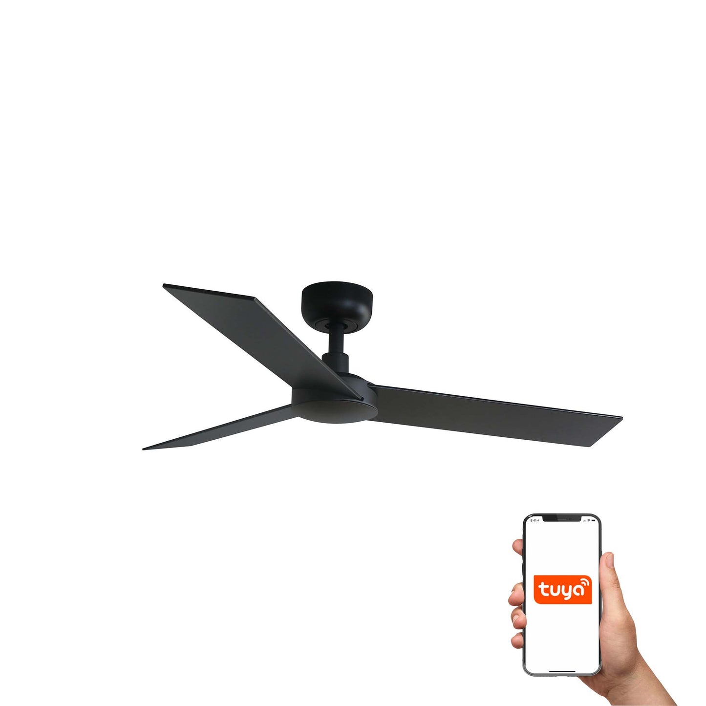 Ventilador de techo RUDDER S negro mate con detalles en nogal, compatible Tuya Smart, FARO 34296WT, motor DC eficiente, mando a distancia, palas reversibles para techos inclinados y hogares modernos.