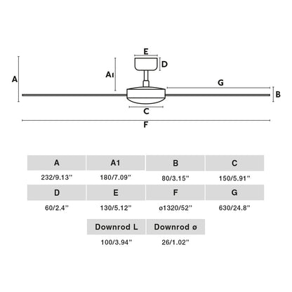 Ventilador de techo RUDDER L en blanco y fresno por FARO modelo 34297, imagen con medidas detalladas: diámetro 142 cm, altura 30 cm, apto para techos inclinados hasta 20°, motor DC eficiente sin luz, aspas de madera plywood, incluye mando a distancia para ventilación óptima en bricolaje y hogar.