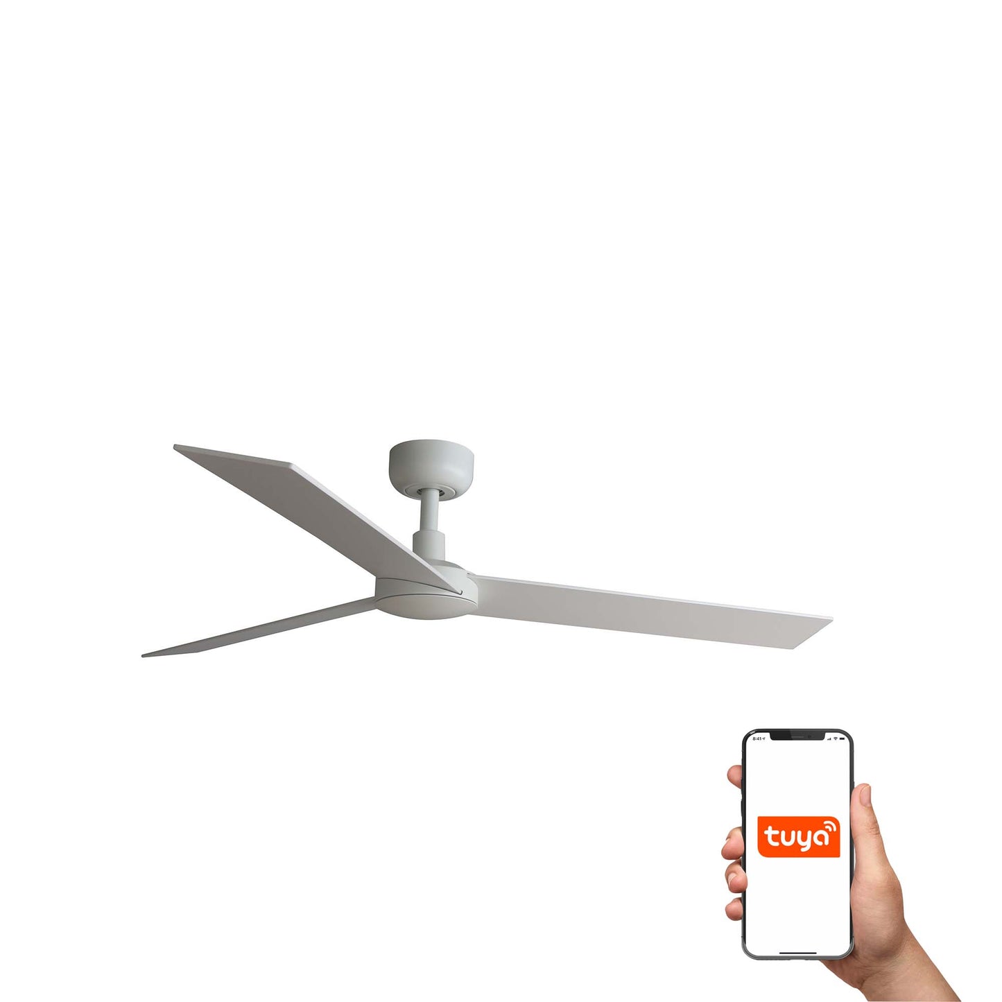 Ventilador de techo RUDDER L blanco mate y fresno plywood con smart TUYA, mando a distancia, motor DC y palas reversibles - FARO 34297WT para ventilación en techos inclinados y hogar inteligente