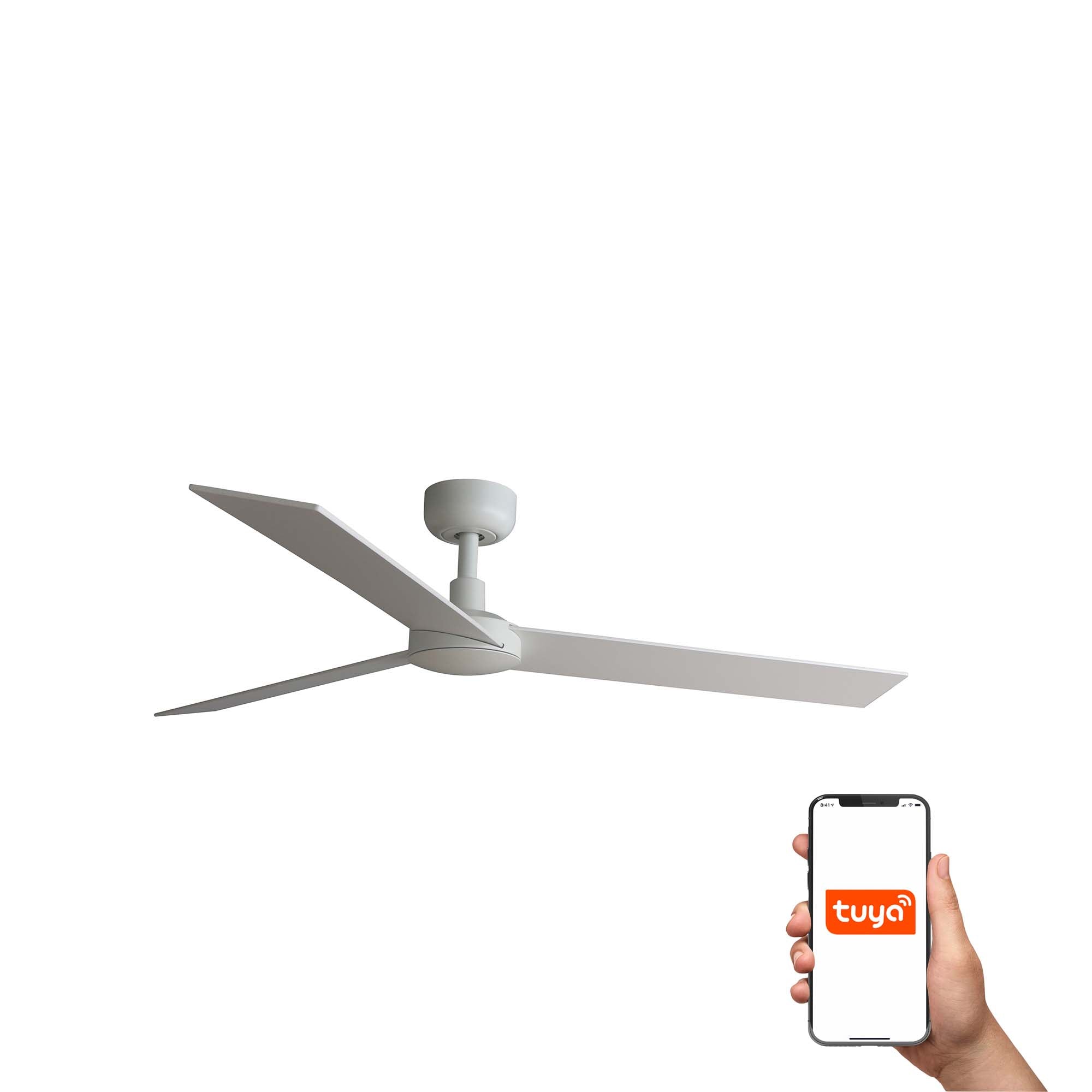 Ventilador de techo RUDDER L blanco mate y fresno plywood con smart TUYA, mando a distancia, motor DC y palas reversibles - FARO 34297WT para ventilación en techos inclinados y hogar inteligente