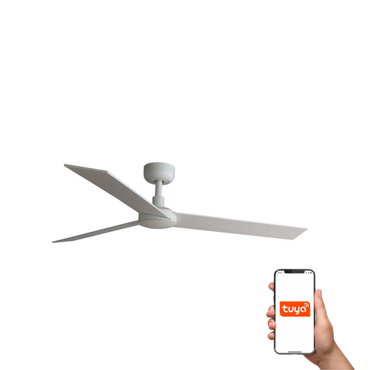 Ventilador de techo RUDDER L blanco mate y fresno plywood con smart TUYA, mando a distancia, motor DC y palas reversibles - FARO 34297WT para ventilación en techos inclinados y hogar inteligente