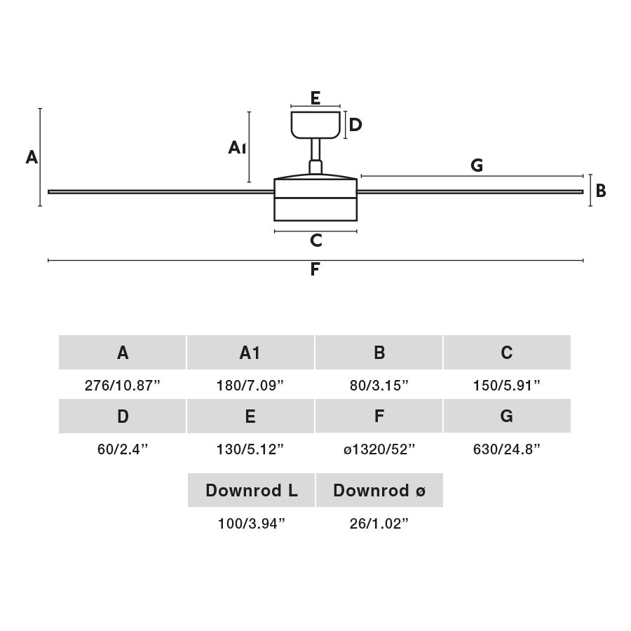 Alt text: Diagrama de medidas detalladas del ventilador de techo con luz RUDDER L LED negro/nogal de FARO (modelo 34298-1TW), incluyendo dimensiones de aspas de madera plywood, diámetro de ventilación, altura para techos inclinados y compatibilidad con motor DC y mando a distancia.