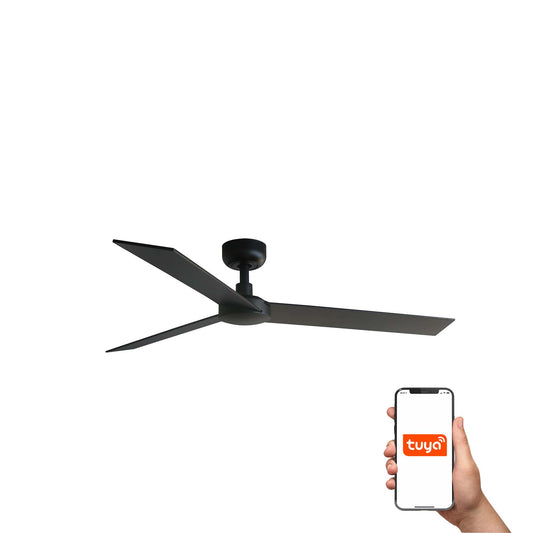 Ventilador de techo RUDDER L negro/nogal con tecnología smart TUYA, motor DC y palas reversibles, modelo FARO 34298WT, diseño contemporáneo para hogar inteligente.