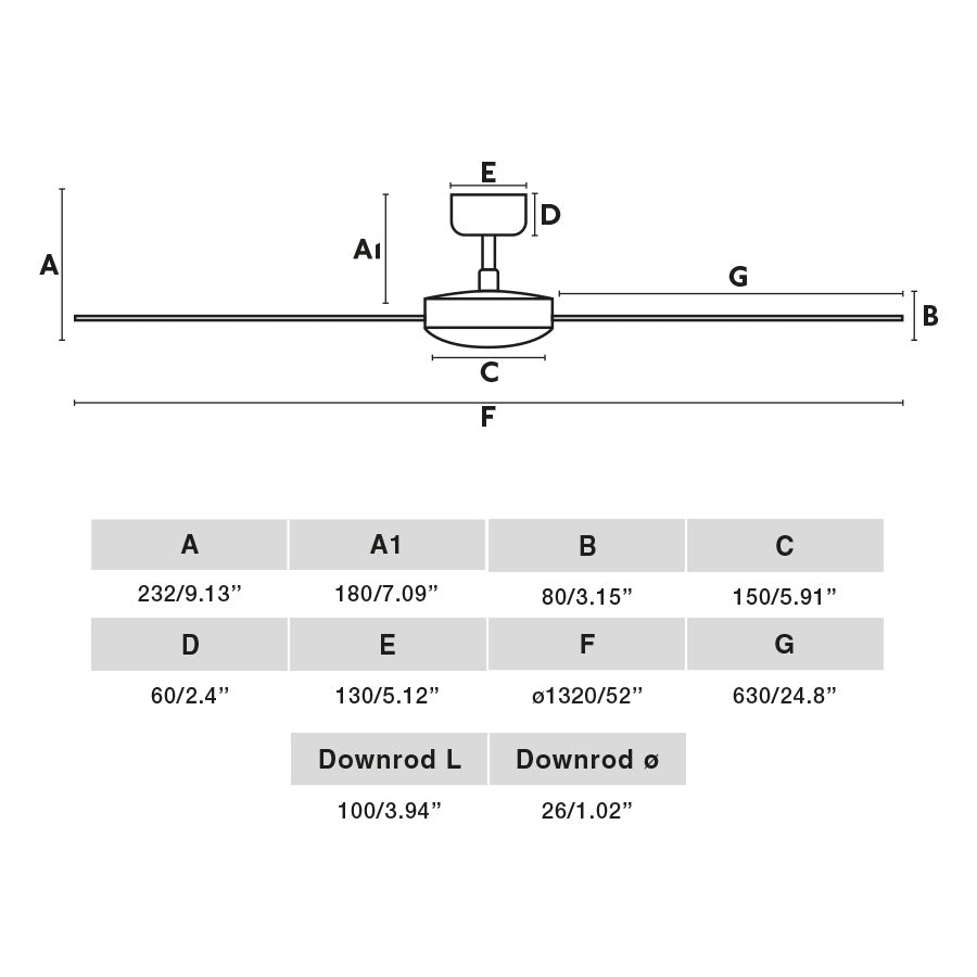 Diagrama de medidas y dimensiones del ventilador de techo RUDDER L en negro y nogal de FARO modelo 34298WT, compatible con Tuya smart home, motor DC y palas reversibles para ventilación eficiente en diseño contemporáneo.