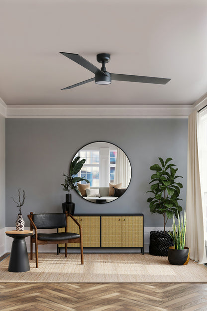 Ventilador de techo Rudder L con luz LED regulable en negro mate y plywood nogal de FARO (modelo 34298WW-1TW), motor DC, mando a distancia, en ambiente hogareño moderno con ventilación eficiente para hogar y oficina.