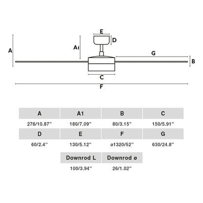 Diagrama de medidas y dimensiones del Ventilador con Luz LED Rudder L Negro/Nogal FARO 34298WW-1TW, ventilador de techo negro mate con plywood nogal, motor DC insonoro, luz LED regulable y mando a distancia para hogar u oficina
