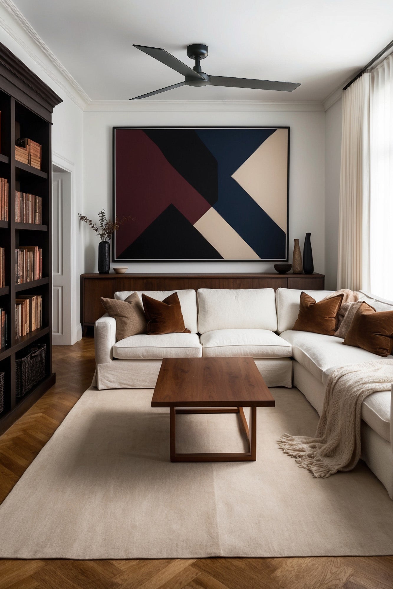 Ventilador de techo RUDDER L Negro/Nogal WIZ FARO 34298WW en ambiente hogareño moderno, motor DC eficiente, palas reversibles, mando a distancia, sin luz, ventilación óptima para hogar y oficina