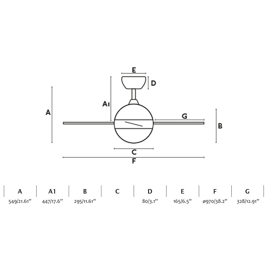Diagrama de medidas del ventilador de techo HVAR S blanco TUYA FARO 34300WT con luz LED integrada y motor DC, dimensiones para instalación en hogar