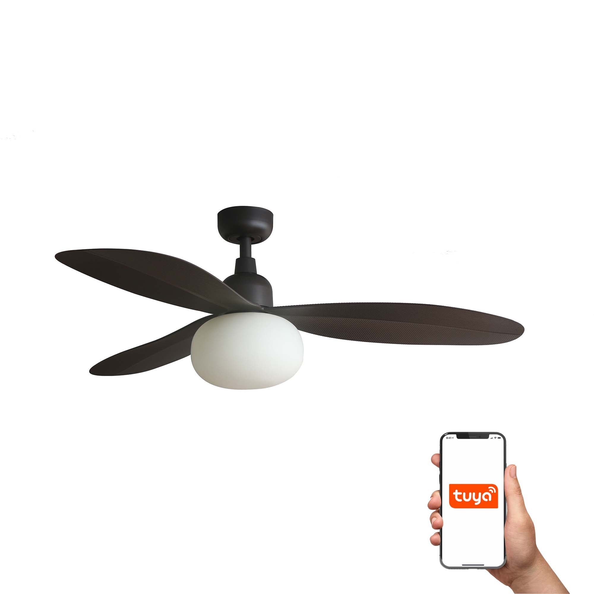 Ventilador de techo PALMA M marrón con luz LED E27 IP44, motor DC, compatible Tuya smart para exterior, Faro modelo 34301WT-11L