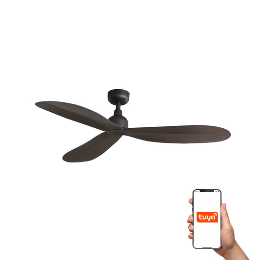 Ventilador de techo PALMA M marrón FARO 34301WT con IP44 para exteriores, compatible Tuya Smart, motor DC y diseño palma para ventilación eficiente