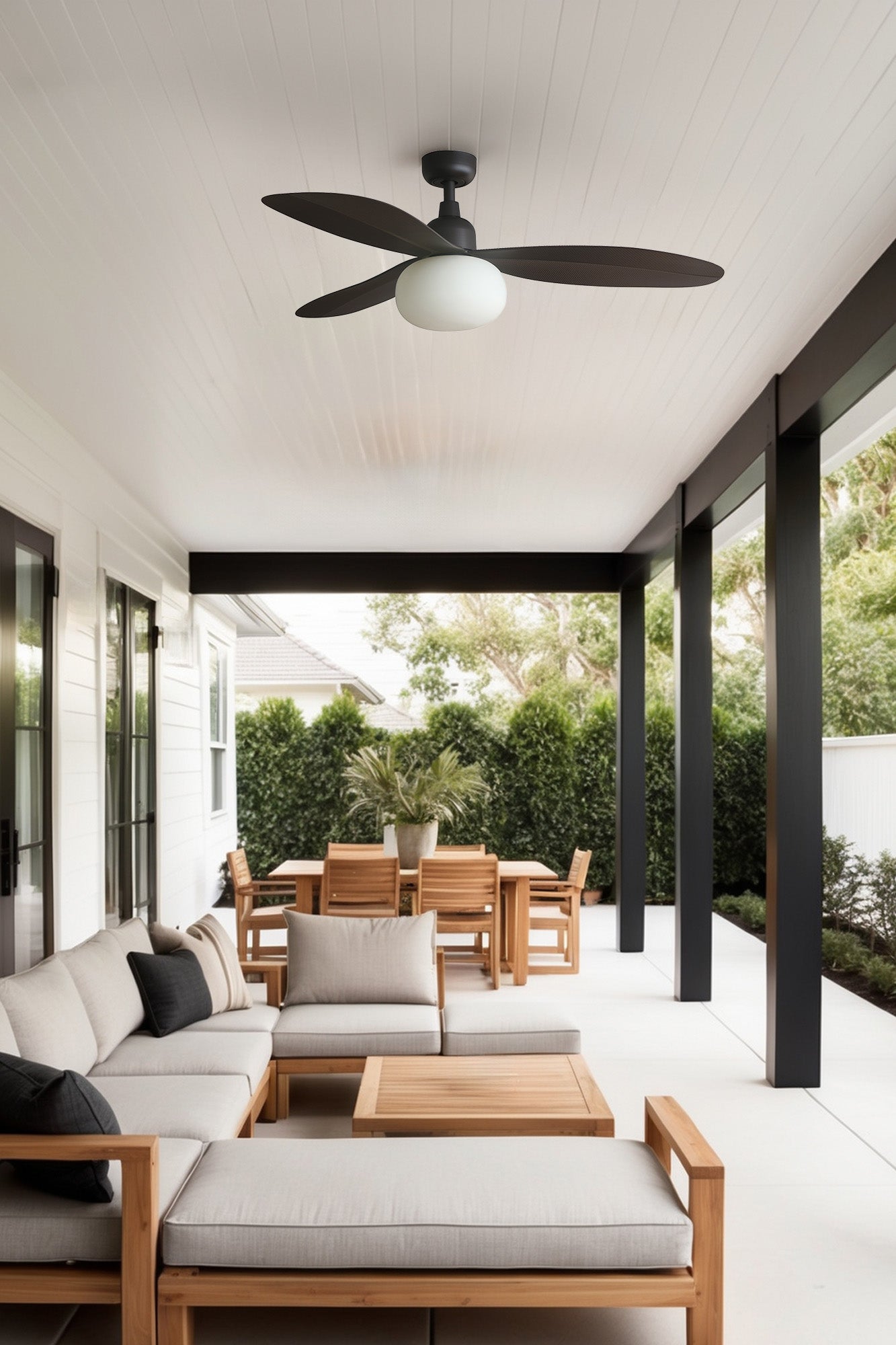 Ventilador de techo PALMA M marrón oscuro FARO 34301WW-11L con luz LED, mando a distancia y motor DC en ambiente interior-exterior moderno, ventilación eficiente en acero, cristal y ABS