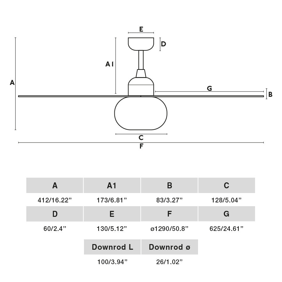 Diagrama de medidas del ventilador de techo PALMA M Marrón FARO 34301WW-11L: altura, diámetro de aspas, distancia al techo, ventilación con luz LED, mando a distancia, motor DC, acero y cristal ABS, interior exterior