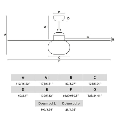 Diagrama de medidas del ventilador de techo PALMA M Marrón FARO 34301WW-11L: altura, diámetro de aspas, distancia al techo, ventilación con luz LED, mando a distancia, motor DC, acero y cristal ABS, interior exterior