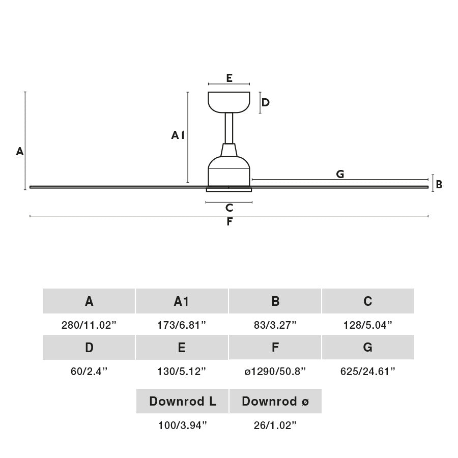 Diagrama de medidas del ventilador de techo PALMA M Marrón IP44 FARO 34301WW, ventilación silenciosa con motor DC, mando a distancia y función inversa para hogar