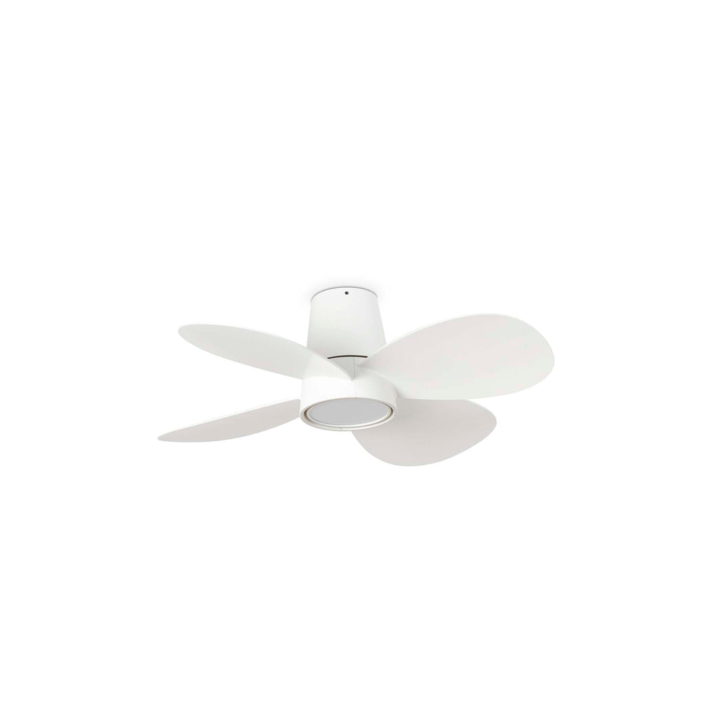 Ventilador de techo KLOVER S blanco modelo 34315 de FARO con luz LED integrada, motor DC eficiente, mando a distancia y diseño moderno para ventilación en el hogar