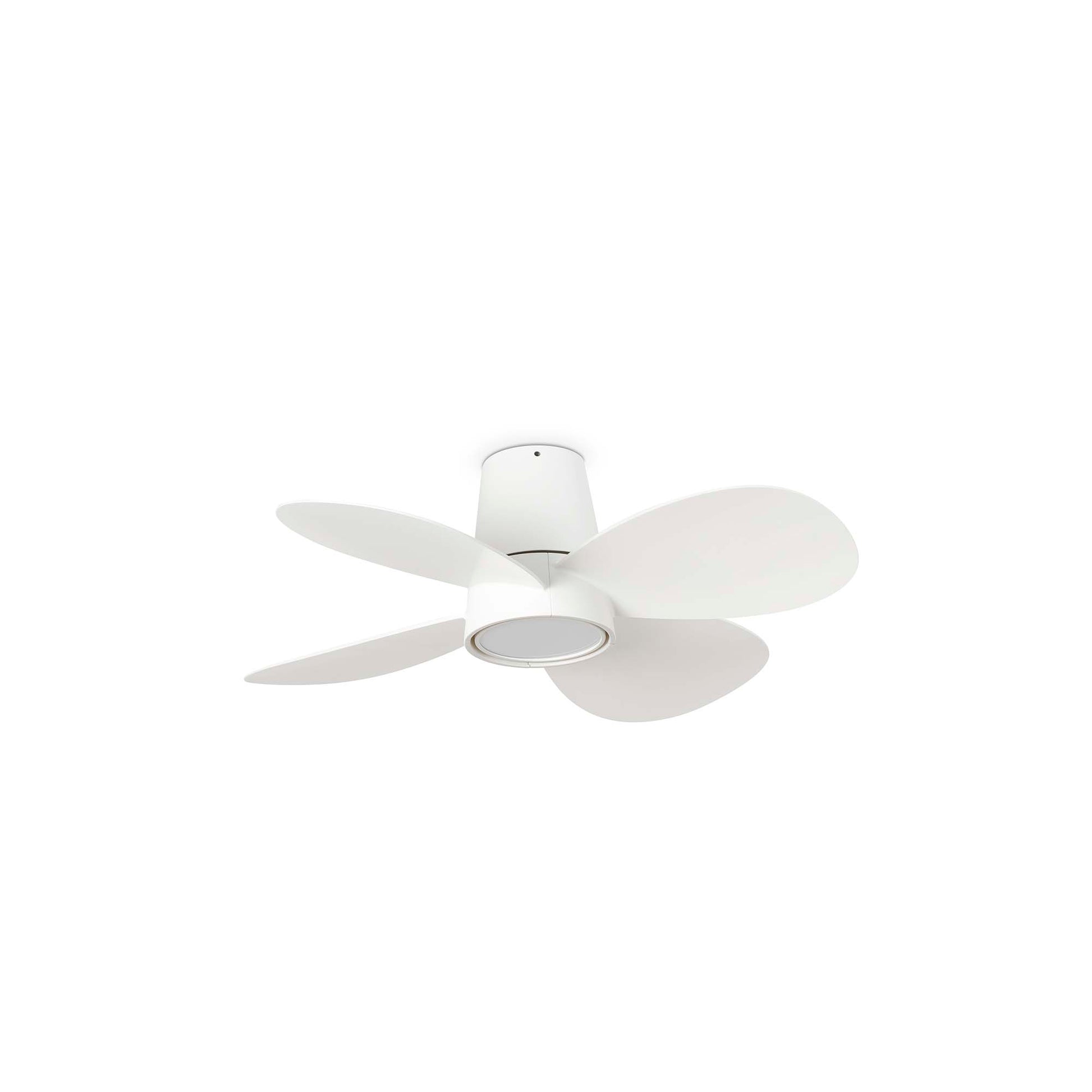 Ventilador de techo KLOVER S blanco modelo 34315 de FARO con luz LED integrada, motor DC eficiente, mando a distancia y diseño moderno para ventilación en el hogar