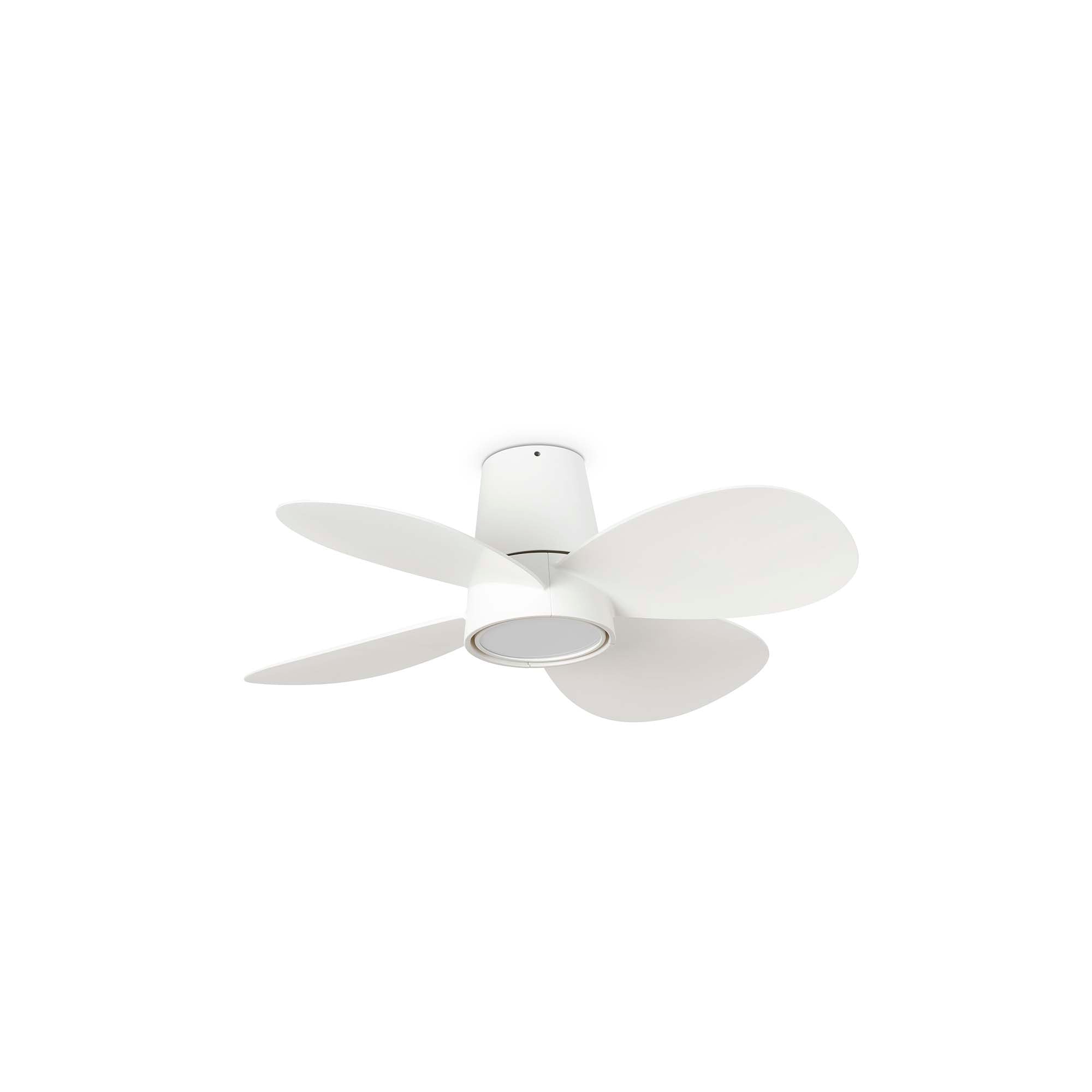 Ventilador de techo KLOVER S blanco modelo 34315 de FARO con luz LED integrada, motor DC eficiente, mando a distancia y diseño moderno para ventilación en el hogar