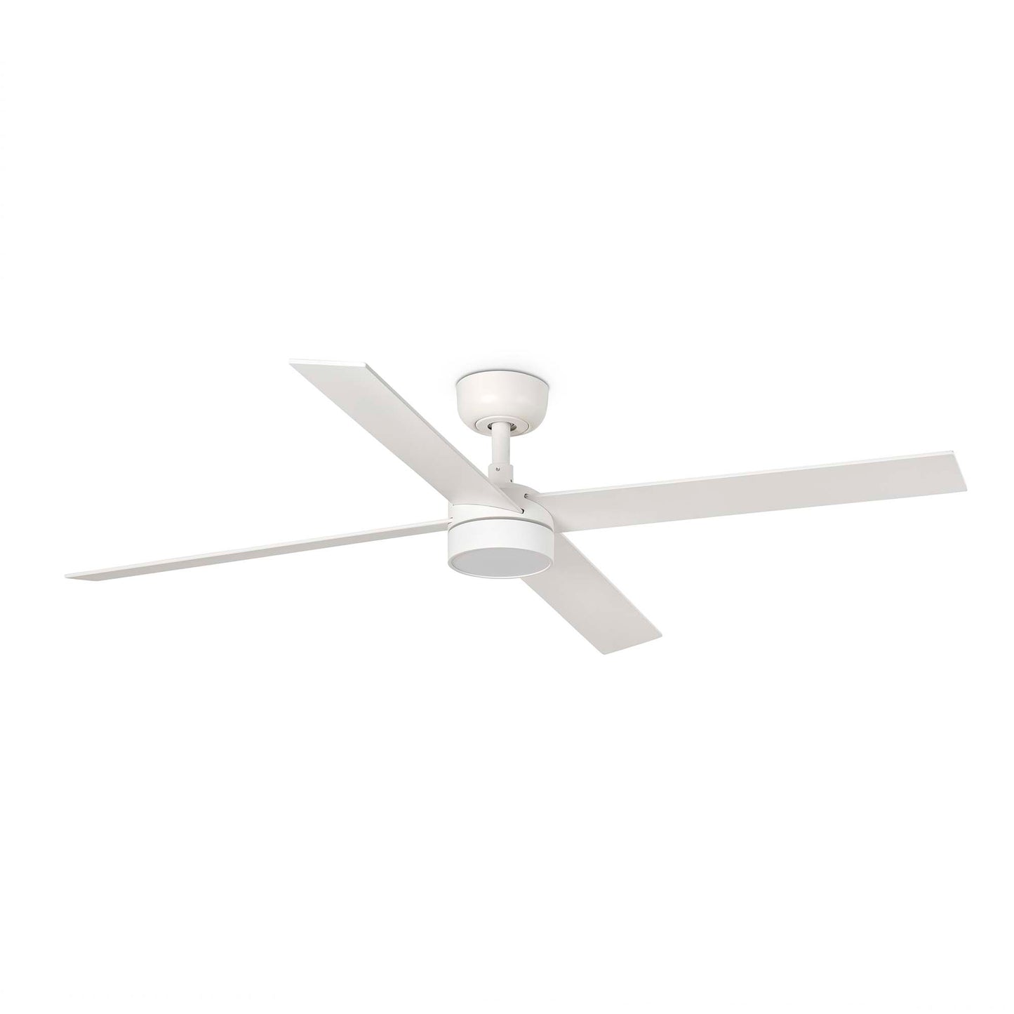 Ventilador de techo RUDDER L 4 LED blanco mate con palas fresno en ambiente sala moderna, modelo FARO 34355WT-1TW con luz LED, motor DC reversible y smart Tuya para ventilación eficiente