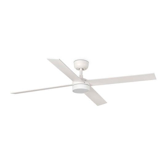 Ventilador de techo RUDDER L 4 LED blanco mate con palas fresno en ambiente sala moderna, modelo FARO 34355WT-1TW con luz LED, motor DC reversible y smart Tuya para ventilación eficiente