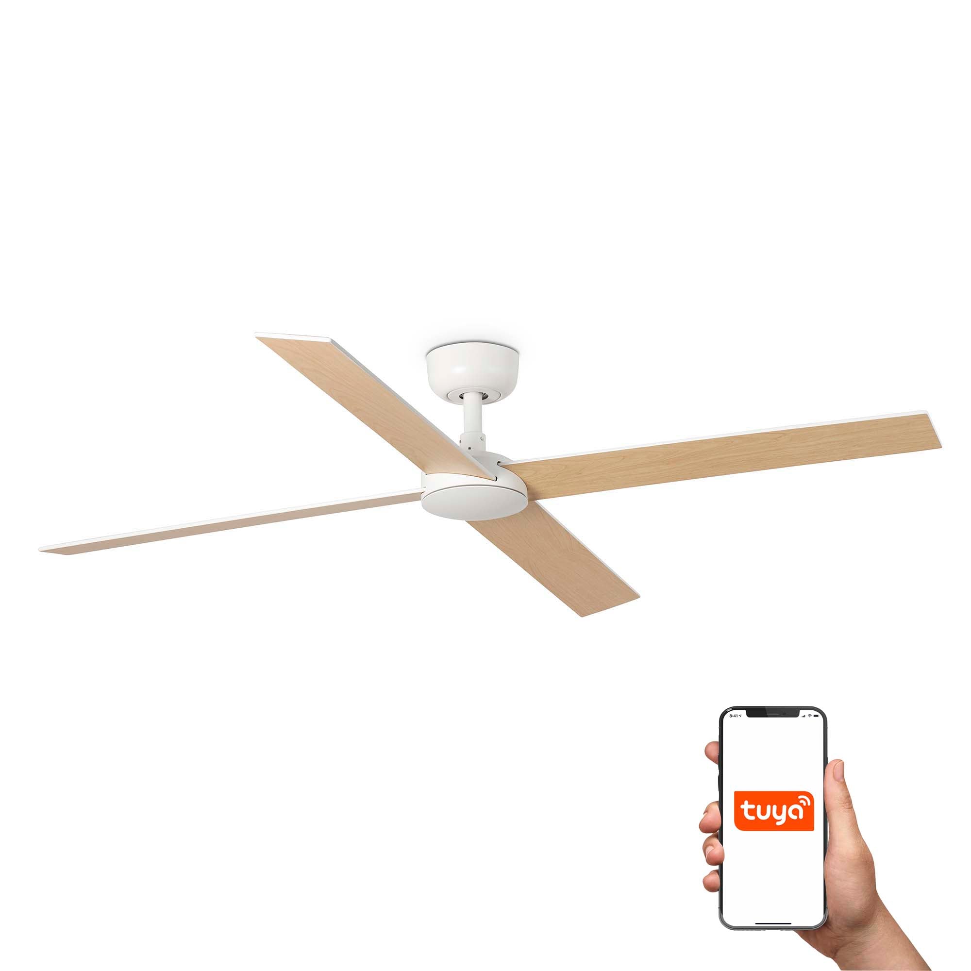 Ventilador de techo RUDDER L 4 blanco y fresno FARO 34355WT con motor DC, palas reversibles, ventilación smart Tuya para hogar inteligente