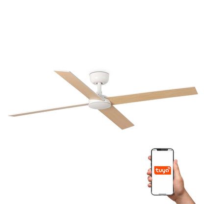 Ventilador de techo RUDDER L 4 blanco y fresno FARO 34355WT con motor DC, palas reversibles, ventilación smart Tuya para hogar inteligente
