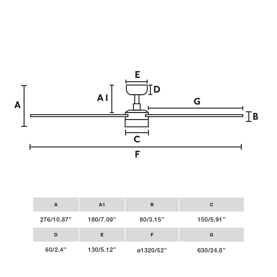 Diagrama de medidas del ventilador de techo RUDDER L 4 LED negro/nogal TUYA FARO 34356WT-1TW, con luz LED regulable, motor DC y palas reversibles