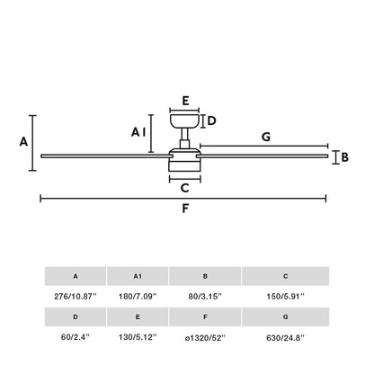 Diagrama de medidas del ventilador de techo RUDDER L 4 LED negro/nogal TUYA FARO 34356WT-1TW, con luz LED regulable, motor DC y palas reversibles