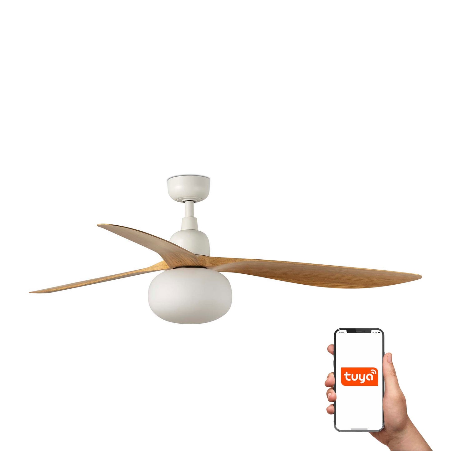 Ventilador de techo OUTWOOD L blanco y madera roble con luz LED, IP44 para exterior, smart compatible con Tuya, modelo FARO 34361WT-11L
