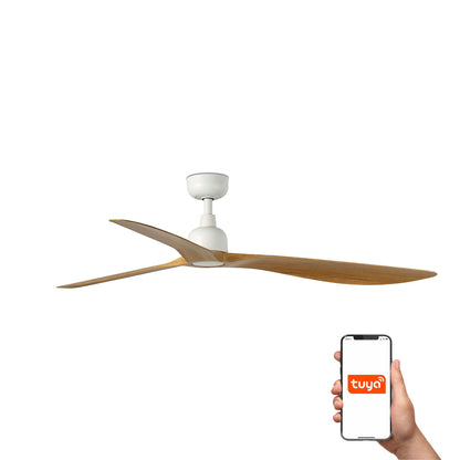 Ventilador de techo OUTWOOD L blanco y madera roble, modelo IP44 smart TUYA de FARO (34361WT), ventilación exterior con motor DC eficiente.