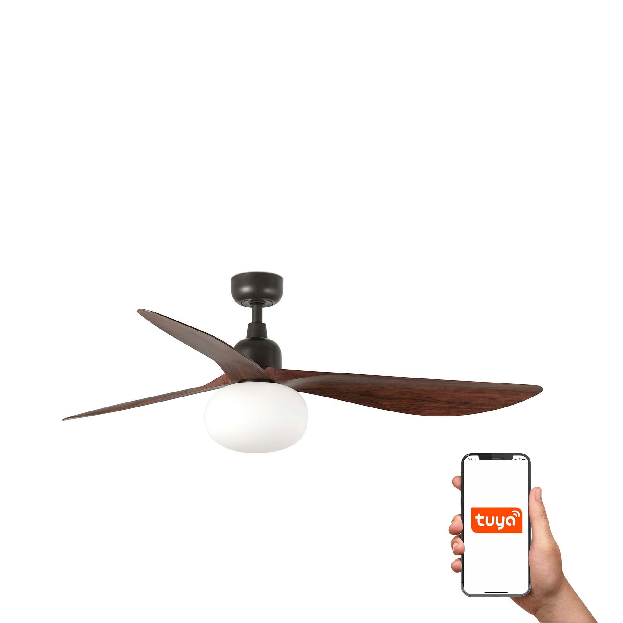 Ventilador de techo OUTWOOD L marrón/nogal IP44 exterior FARO 34362WT-11L con luz LED y compatible Tuya Smart