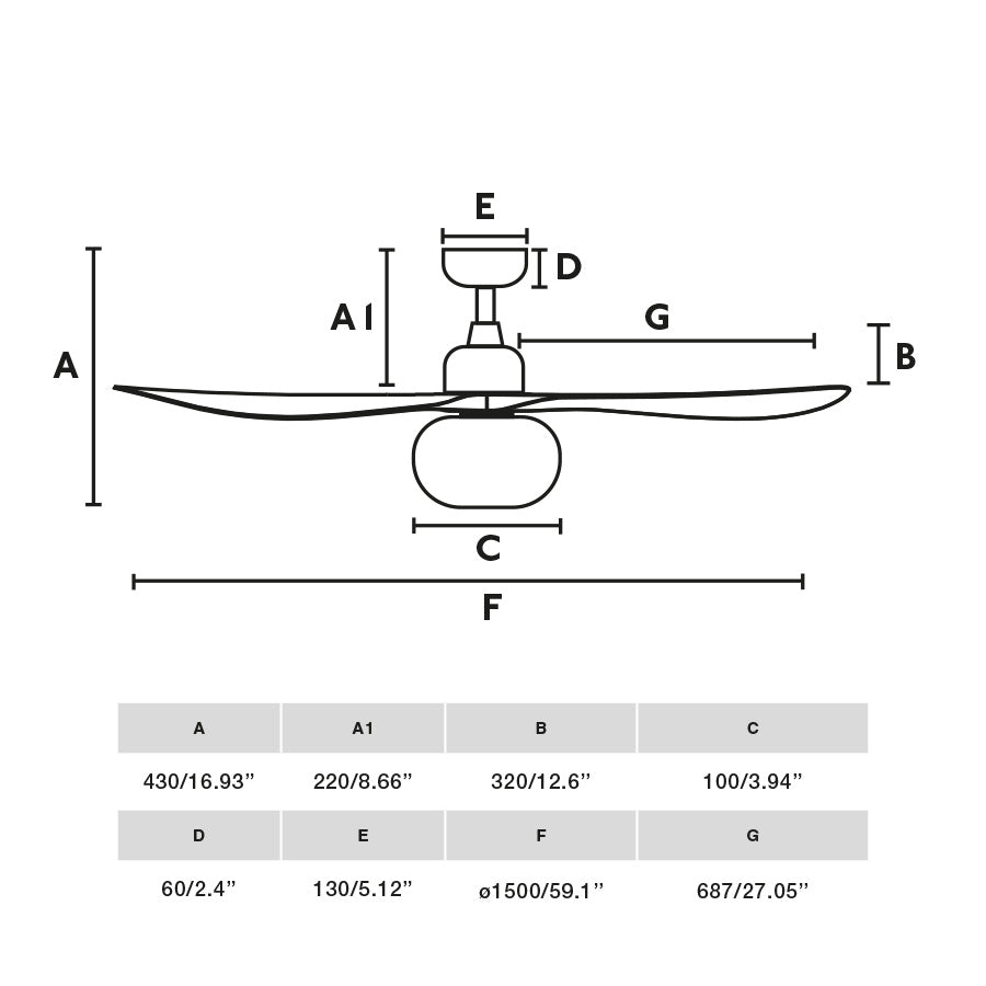Ventilador de techo con luz OUTWOOD L blanco IP44 modelo FARO 34363-11L - Diagrama de medidas y dimensiones para instalación exterior con ventilación, motor DC, mando a distancia y palas reversibles en ABS