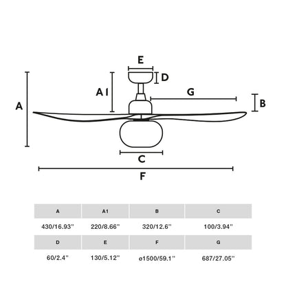 Ventilador de techo con luz OUTWOOD L blanco IP44 modelo FARO 34363-11L - Diagrama de medidas y dimensiones para instalación exterior con ventilación, motor DC, mando a distancia y palas reversibles en ABS