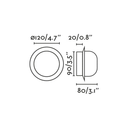 Diagrama de medidas del aplique plafón MAY azul de FARO modelo 40097, luminaria de pared interior tipo superficie en acero y cristal, diseño moderno IP44 para baño con iluminación LED